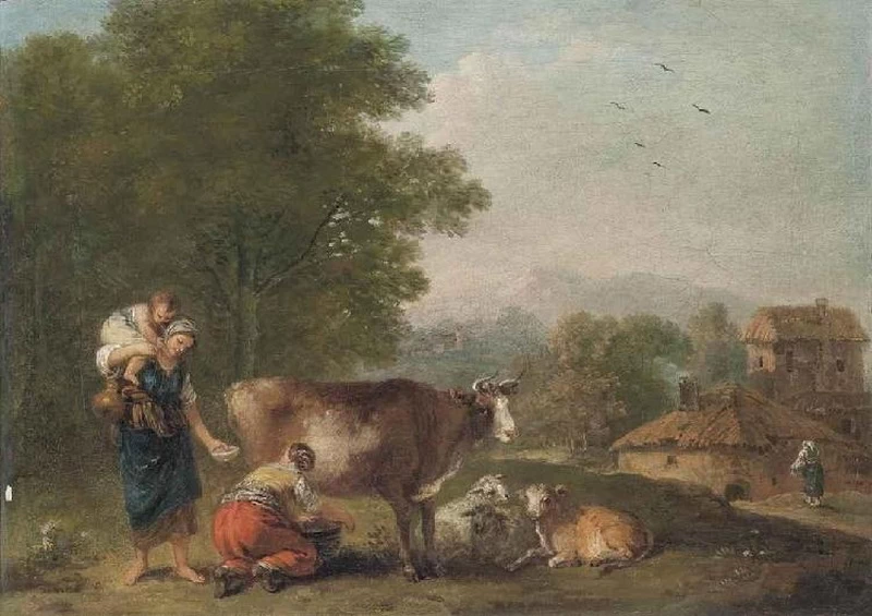 Un paesaggio boscoso con donne, un bambino, bovini e pecore in primo piano